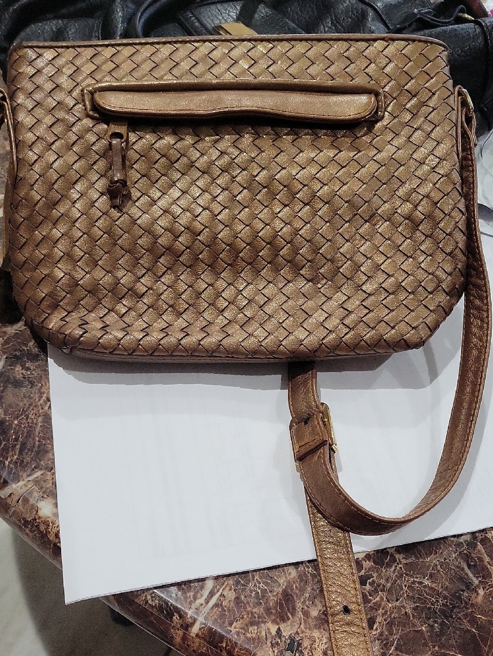 Woven Metallic Brown Crossbody Bag with Adjustable Strap